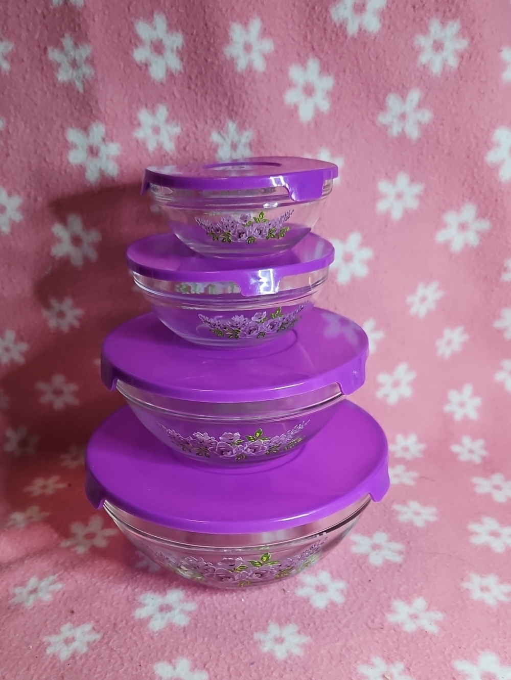4 Purple Glass Storage Bowl Set with Lids